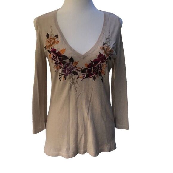 JOHNNY WAS Silk Cashmere Blend Cold Shoulder Womens XS Beige Sweater NEW W TAGS - Picture 1 of 8
